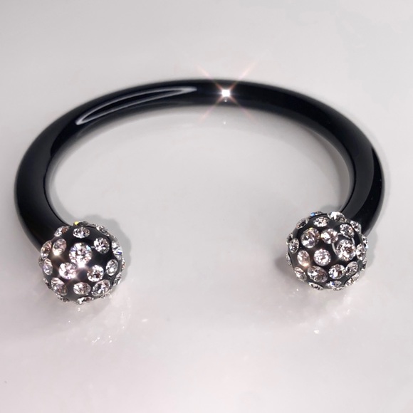 Trendy Black Acrylic Cuff Bracelet, Double Ball End Crystal Rhinestone Cuff, New - Picture 5 of 8
